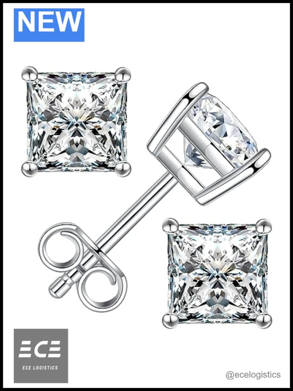 Princess Cut Moissanite Stud Earrings 925 Sterling Silver 18K White Gold Plated
